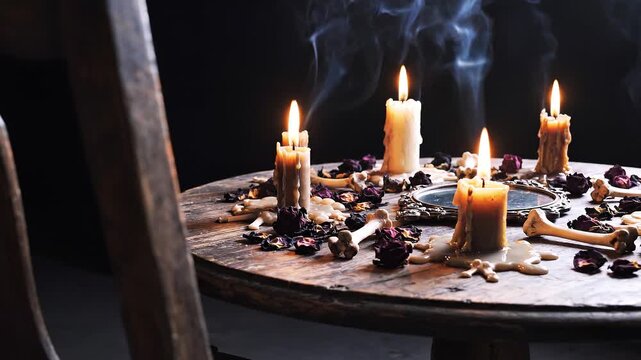 Occult Ritual Table with Burning Candles Dried Flowers and Animal Bones for Halloween Celebration Footage