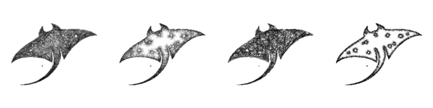 Monochrome sketch manta ray logo design set