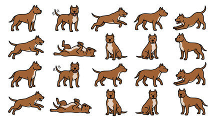 Obraz premium Set of Pitbull Dog Poses, Cartoon Style, Isolated on White Background