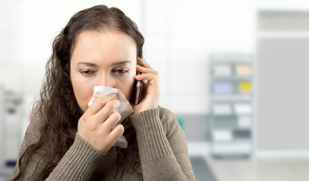 Smartphone call, portrait or sick businesswoman with tissue, flu or allergy with cold, illness or infection. Secretary sneezing or receptionist blowing nose with toilet paper, virus or fever disease