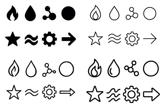 Concept icons with flame drop gear arrow outline