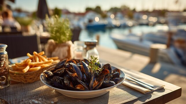 Moules frites with mussels and fries on seaside cafe table, golden hour lighting, coastal dining scene, cinematic food photography.