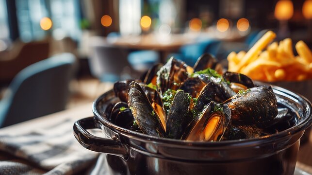 Classic moules frites in black pot near window light, warm cafe atmosphere, elegant European comfort food photography.
