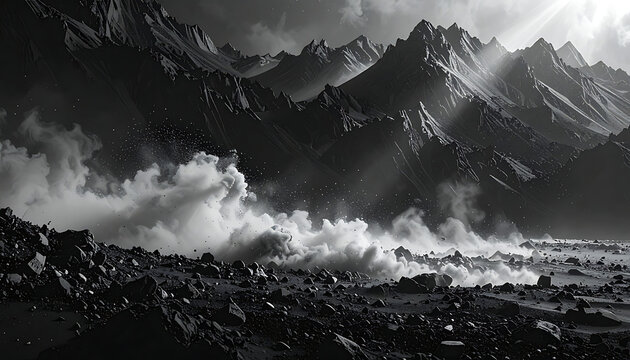 Black and white mountain landscape with dramatic sun rays piercing through clouds, heavy mist, alpine adventure, travel photography