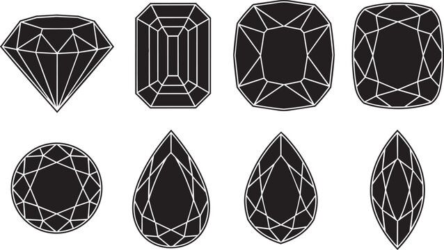 Black and white geometric gemstone shapes with faceted edges and star patterns