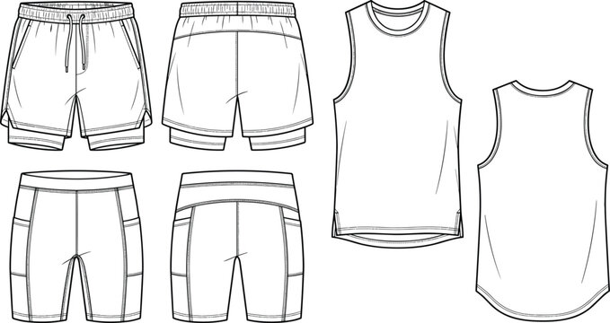 Set of Vector Flat Sketches for Mens Athletic Apparel Including Sport Shorts and Sleeveless Tank Top Performance Gear