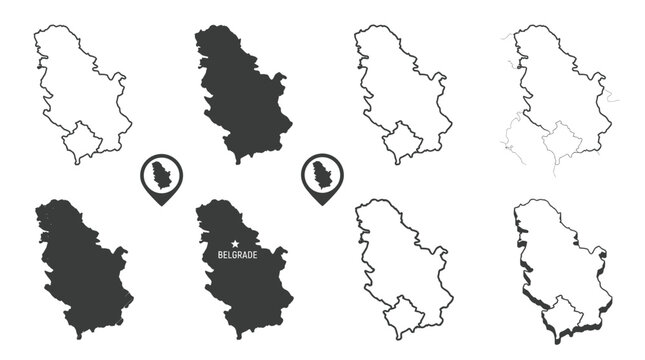 Serbia country map outlines and solid silhouettes with capital city