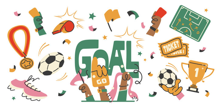 Retro style football fan sticker collection featuring hand drawn soccer elements including trophy, football boots, whistle, supporter scarf, flag, and referee cards, Vector illustration
