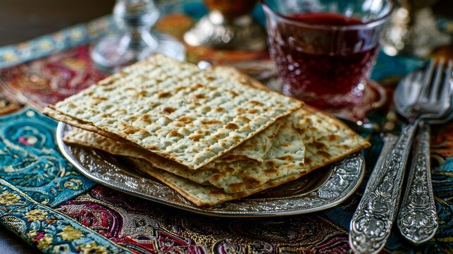 Matzah sits on a colorful surface for the Passover meal.