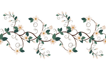 Fototapeta premium Seamless floral border pattern with white blossoms, green leaves, and brown curling vines on a transparent background, for use