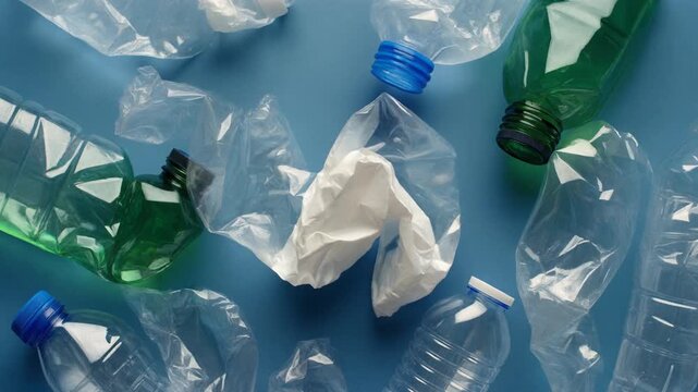 Scattered crushed plastic bottles and waste on blue background representing recycling and environmental pollution concept