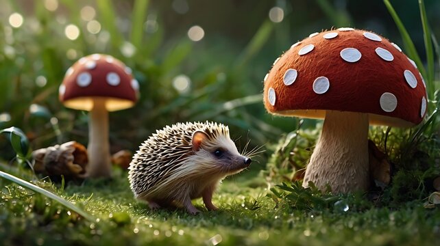A small hedgehog standing next to a large red mushroom with white spots in a grassy field with another mushroom in the background