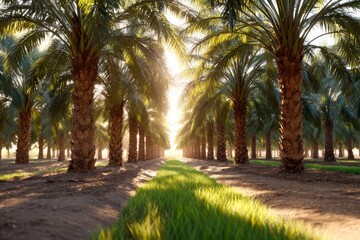 Fototapeta premium Lush Palm Oasis with Sunlight Filtering Through Tree Canopy in Agricultural Land