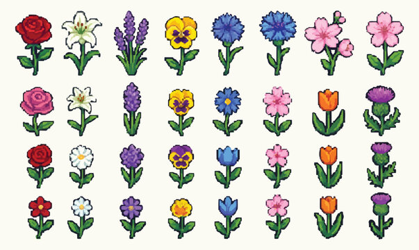 Pixel art flower icons isolated set