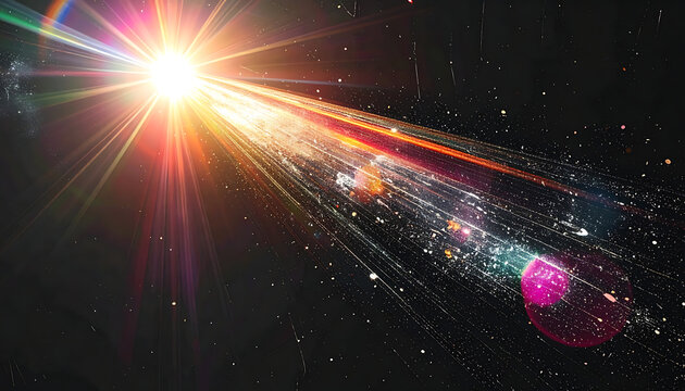 Bright stellar explosion with cosmic lens flare, fast light streak, nebula energy, space background, science fiction travel, supernova burst