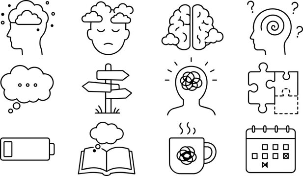 Brain Fog Symptoms and Cognitive Difficulties Line Art Icon Set