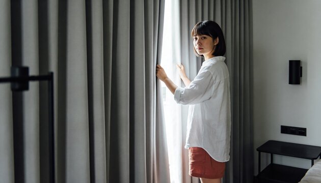 Young Asian woman opening heavy blackout curtains to let in the morning sunlight. Waking up in a modern bedroom and starting a new day