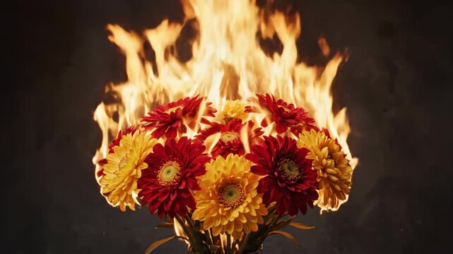 Blooming Red and Yellow Gerbera Daisies Engulfed in Roaring Flames Against a Dark Dramatic Background