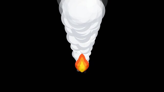 Animated 2D flat style fire flame with rising smoke on black background