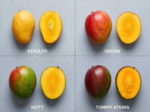 Four different types of mangoes including ataulfo, haden, keitt, and tommy atkins, shown whole and sliced in half on a light grey background