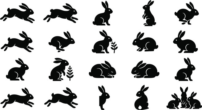 Collection of black silhouettes of rabbits in various poses.