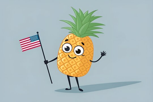 Cute cartoon pineapple character holding american flag with pineapple, character