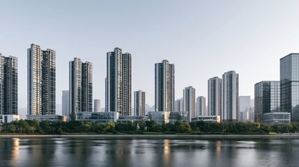 Obraz premium Modern City Skyline with Tall Residential Buildings Reflected in Calm Water at Dawn