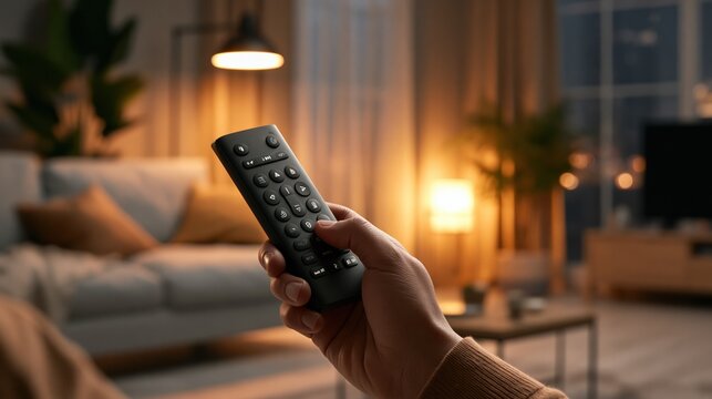 Hand holding TV remote control in dimly lit living room, ready to change channels