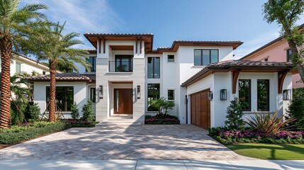 Naklejka premium Luxury modern tropical villa with palm trees and manicured landscaping