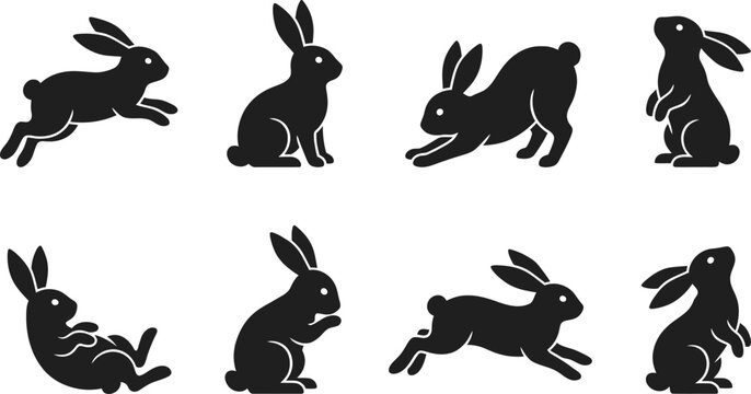 Set of black rabbit silhouettes in various poses and actions.