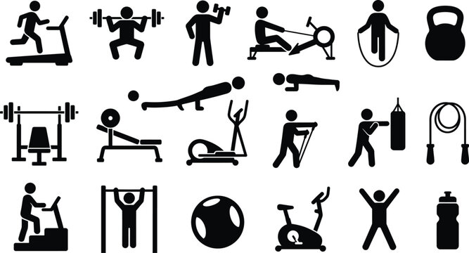 Set of black fitness and gym workout activity icons.
