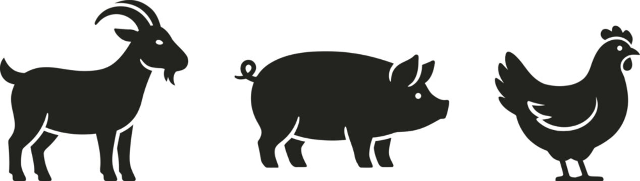 Set of farm animal silhouettes including a goat pig and chicken.