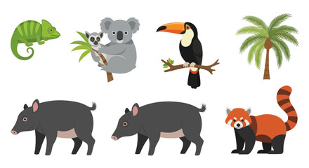 Tropical wildlife set with koala toucan lemur red panda and tapir © Joyo