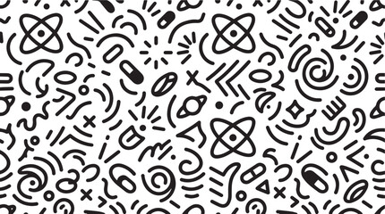 Seamless Black and White Abstract Line Art Pattern with Hand Drawn Space and Science Doodle Elements © RASNA