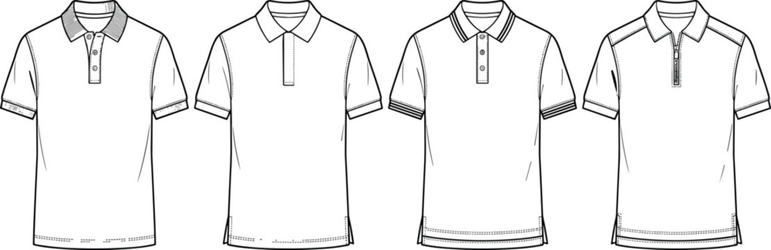 Technical flat sketches of men&rsquo;s polo shirts featuring various button placket designs and collar styles for apparel design