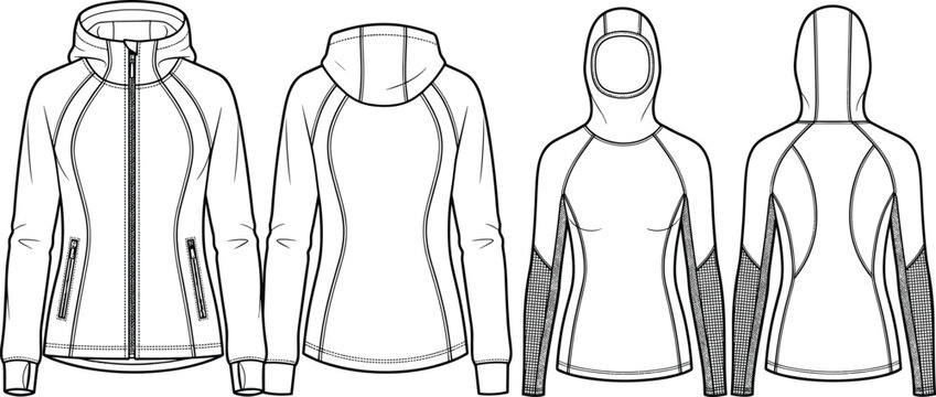 Technical flat sketches of women&rsquo;s athletic sportswear including a zip-up hoodie jacket and a hooded long-sleeve base layer