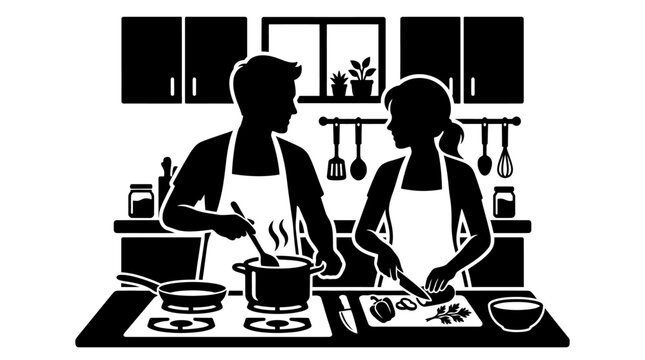 Couple cooking together in a modern kitchen silhouette.