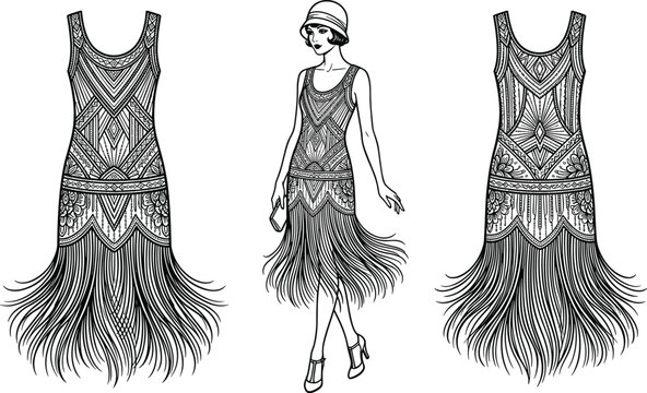 Vintage flapper dresses and a woman in 1920s style clothing, Gatsby era fashion illustration, vector art set