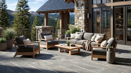 Naklejka premium Luxury Outdoor Living: Modern Teak and Upholstered Furniture Set on a Stone Patio with Mountain Views