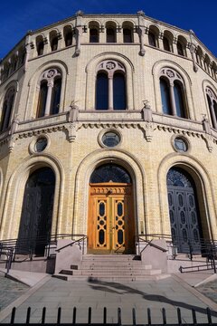 Parliament building Stortingsbygningen in Oslo, Norway. Storting, the Norwegian parliament.