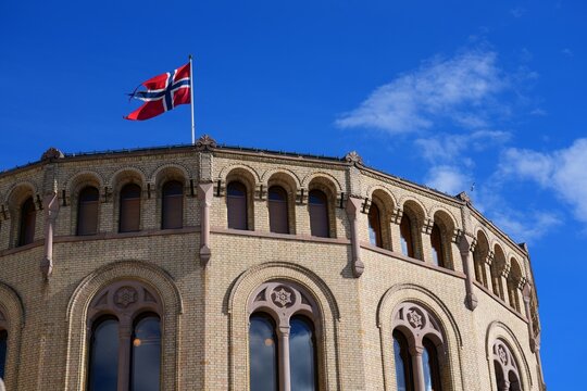 Parliament building Stortingsbygningen in Oslo, Norway. Storting, the Norwegian parliament.