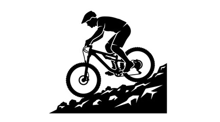 Fototapeta premium Silhouette of a mountain biker riding downhill on a rocky terrain.