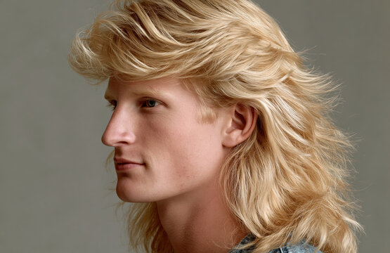 Profile portrait of a young man with a voluminous blonde mullet hairstyle and blue eyes, against a neutral background.