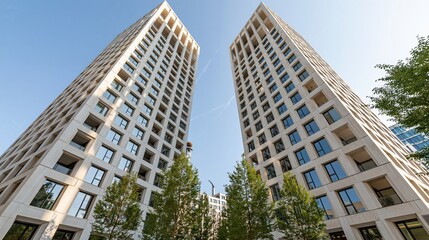 Obraz premium Two modern high-rise apartment buildings with geometric facades against a clear blue sky