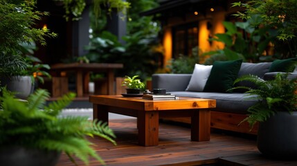 Obraz premium Serene outdoor living space with lush green plants, comfortable sofa, and rustic wooden furniture