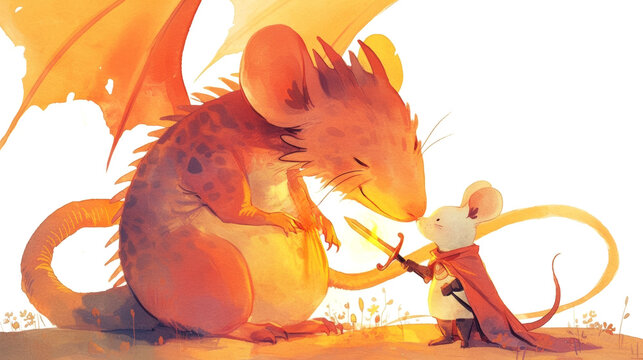 Illustration of a small mouse knight in a red cape holding a sword, interacting with a friendly dragon in a vibrant fantasy landscape