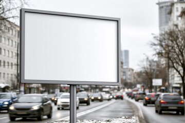 Fototapeta premium Blank billboard in a busy city street with blurred traffic and buildings, ready for advertisement.