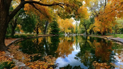 Obraz premium City park shows autumn beauty, with a pond.