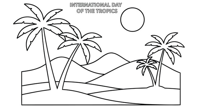 Tropical scene line drawing with sun and palm trees international day of the tropics