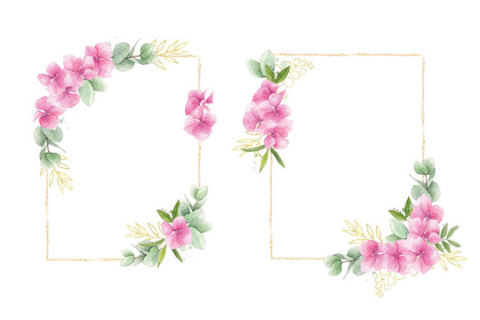 Watercolor rectangular floral frames with pink hydrangea flowers, eucalyptus leaves, and gold borders